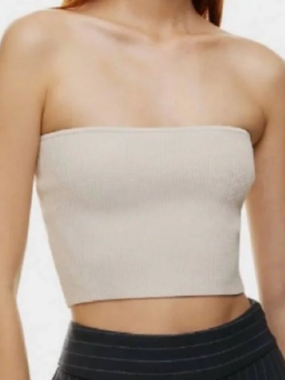 Aritzia Babaton SCULPT KNIT CROPPED TUBE TOP XS Matte Pearl Ivory Beige Ribbed